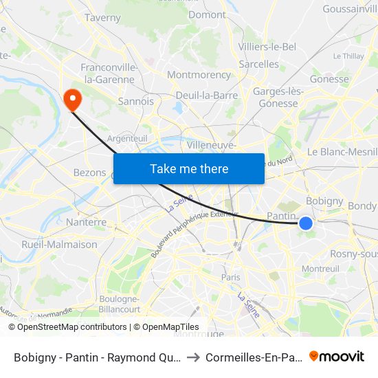 Bobigny - Pantin - Raymond Queneau to Cormeilles-En-Parisis map