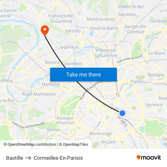 Bastille to Cormeilles-En-Parisis map