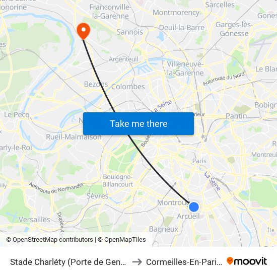 Stade Charléty (Porte de Gentilly) to Cormeilles-En-Parisis map