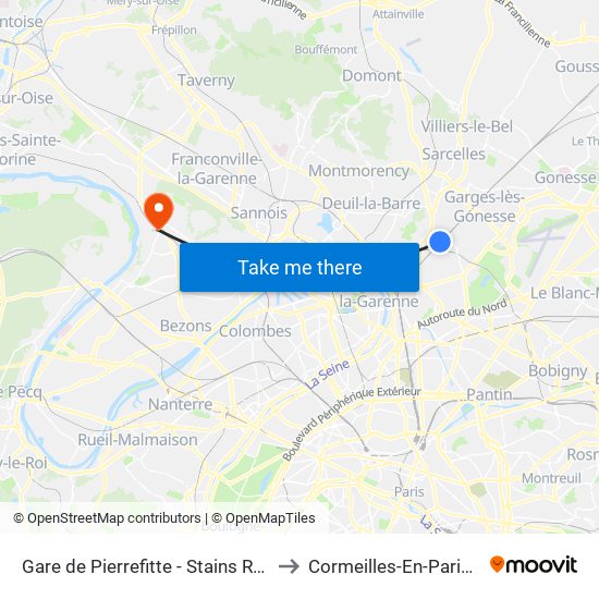 Gare de Pierrefitte - Stains RER to Cormeilles-En-Parisis map