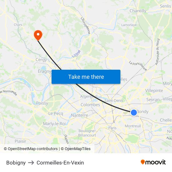 Bobigny to Cormeilles-En-Vexin map