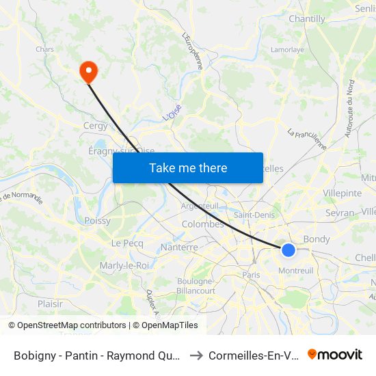 Bobigny - Pantin - Raymond Queneau to Cormeilles-En-Vexin map