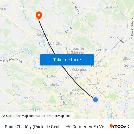 Stade Charléty (Porte de Gentilly) to Cormeilles-En-Vexin map