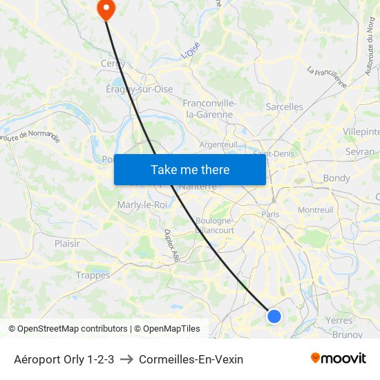 Aéroport Orly 1-2-3 to Cormeilles-En-Vexin map