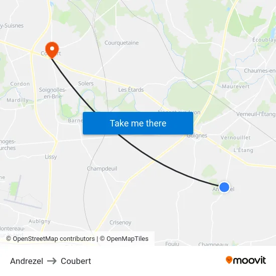 Andrezel to Coubert map