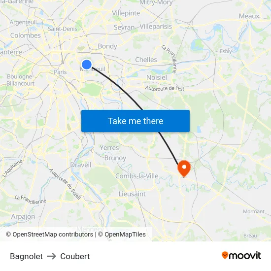 Bagnolet to Coubert map