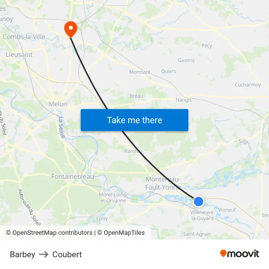 Barbey to Coubert map