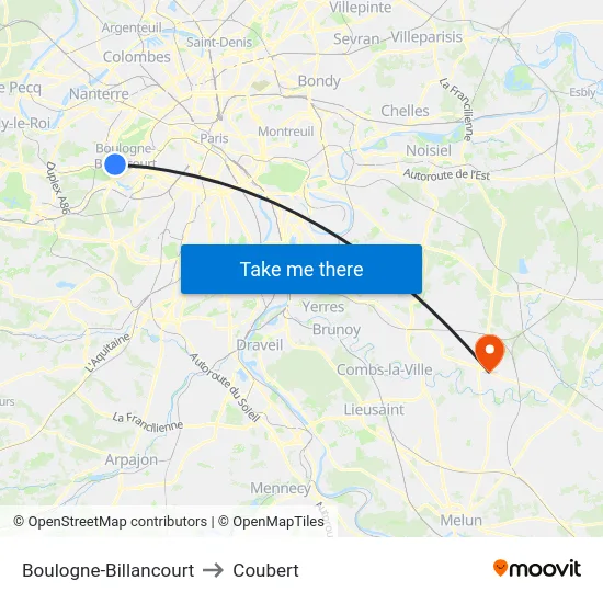 Boulogne-Billancourt to Coubert map