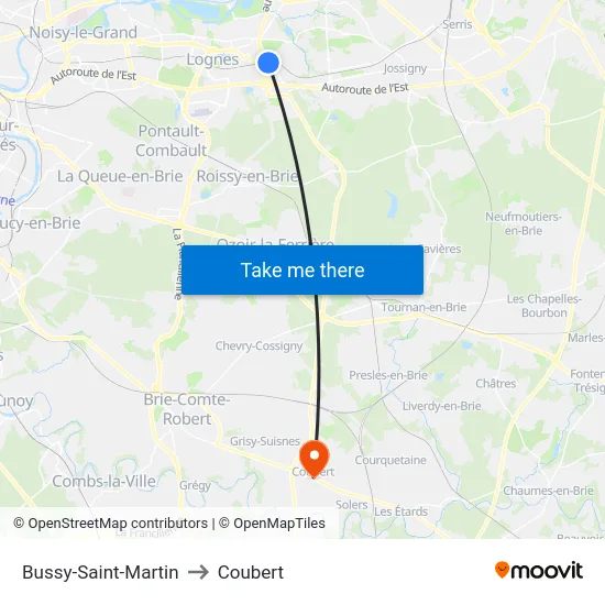 Bussy-Saint-Martin to Coubert map