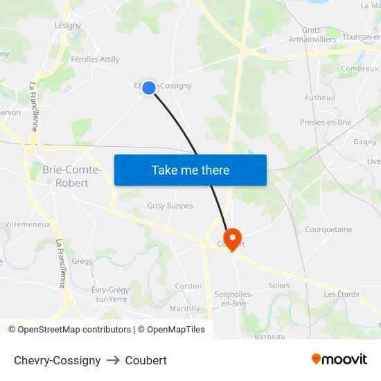 Chevry-Cossigny to Coubert map