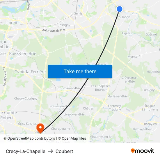Crecy-La-Chapelle to Coubert map