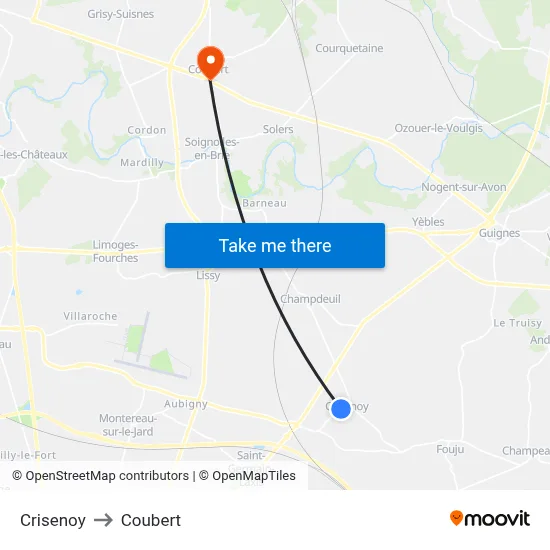 Crisenoy to Coubert map