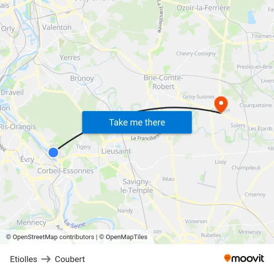 Etiolles to Coubert map
