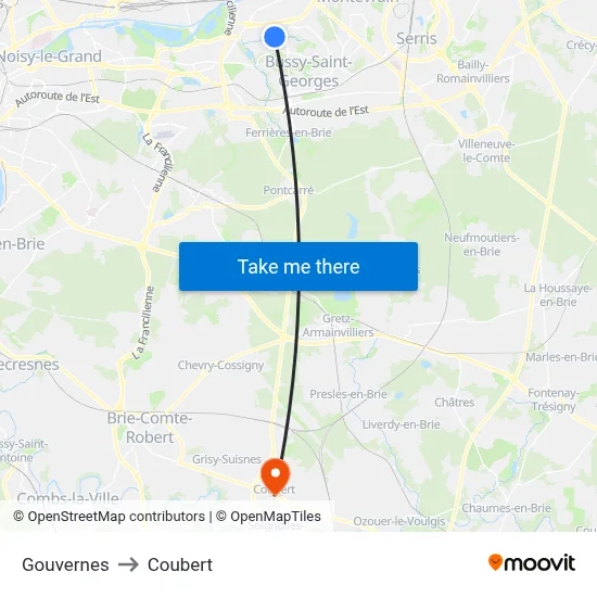 Gouvernes to Coubert map