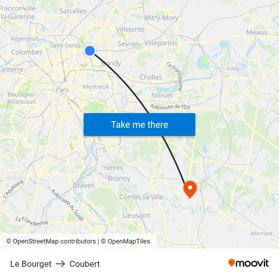 Le Bourget to Coubert map
