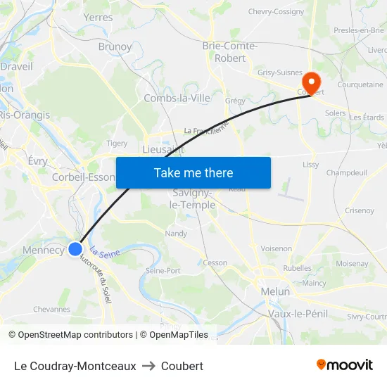Le Coudray-Montceaux to Coubert map