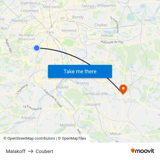 Malakoff to Coubert map