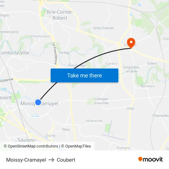 Moissy-Cramayel to Coubert map