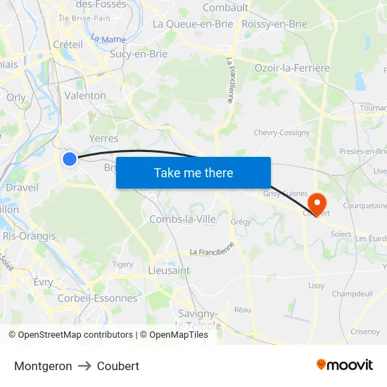 Montgeron to Coubert map