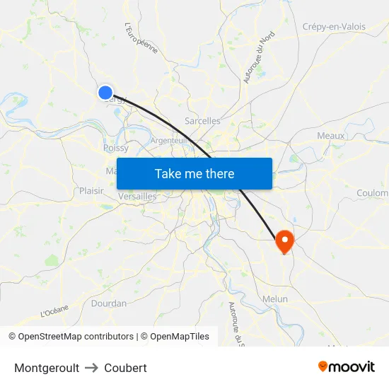 Montgeroult to Coubert map
