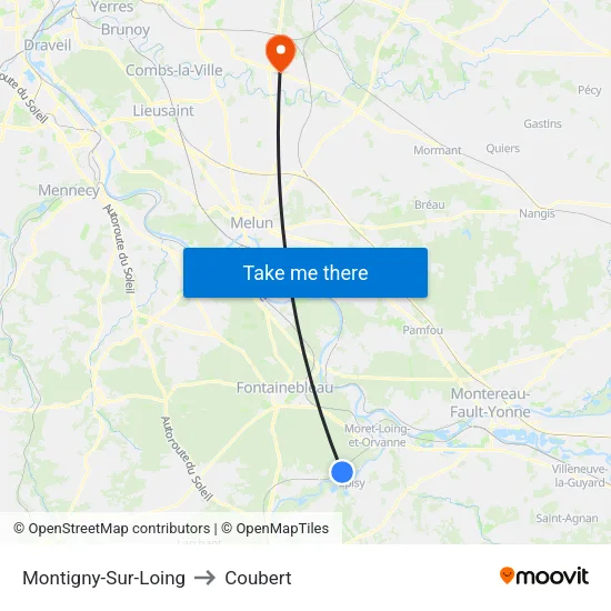 Montigny-Sur-Loing to Coubert map