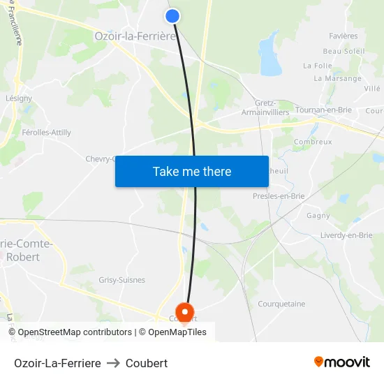 Ozoir-La-Ferriere to Coubert map