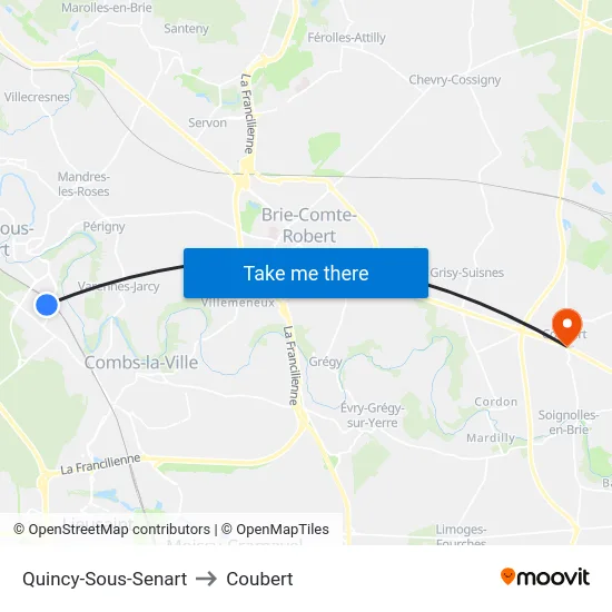 Quincy-Sous-Senart to Coubert map