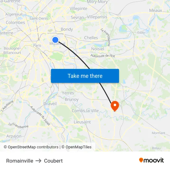 Romainville to Coubert map