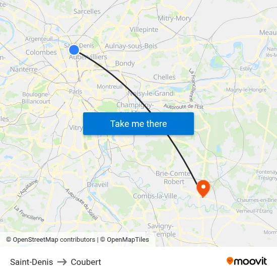 Saint-Denis to Coubert map