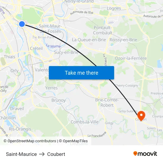 Saint-Maurice to Coubert map