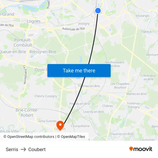 Serris to Coubert map