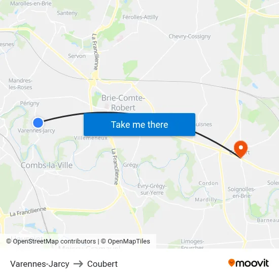 Varennes-Jarcy to Coubert map