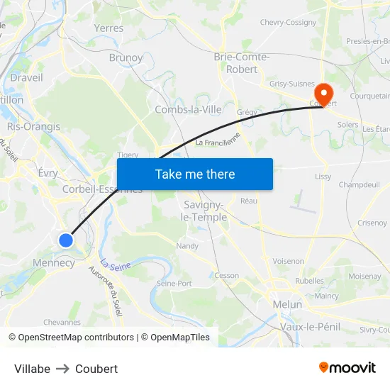 Villabe to Coubert map