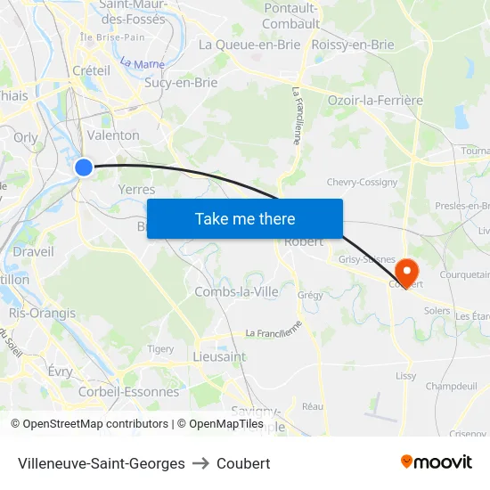 Villeneuve-Saint-Georges to Coubert map