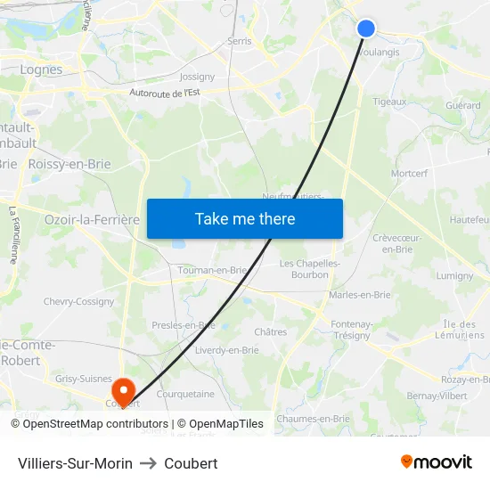 Villiers-Sur-Morin to Coubert map