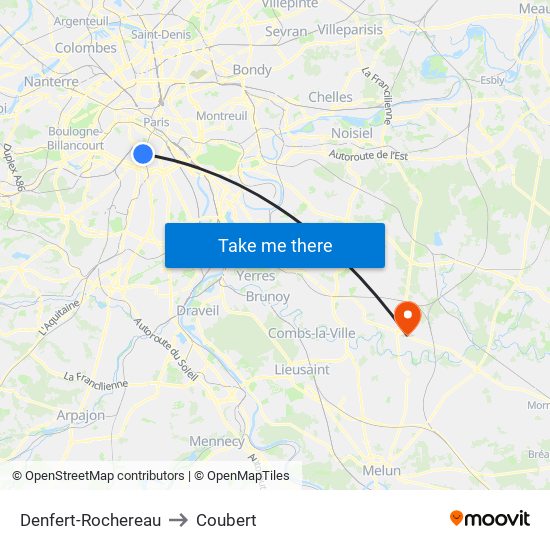 Denfert-Rochereau to Coubert map