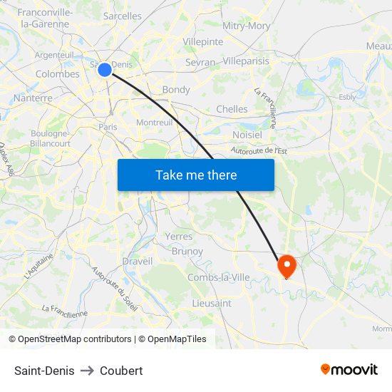 Saint-Denis to Coubert map