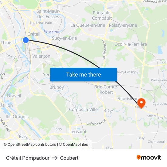 Créteil Pompadour to Coubert map