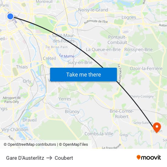 Gare D'Austerlitz to Coubert map