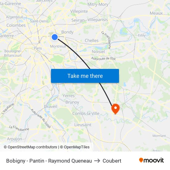 Bobigny - Pantin - Raymond Queneau to Coubert map