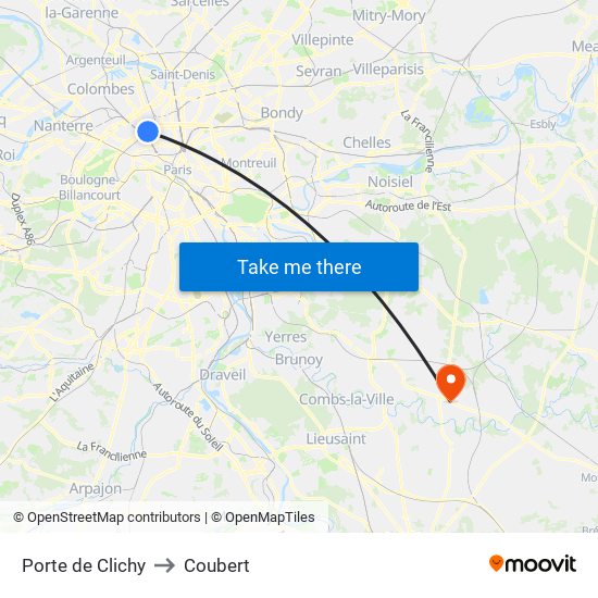 Porte de Clichy to Coubert map