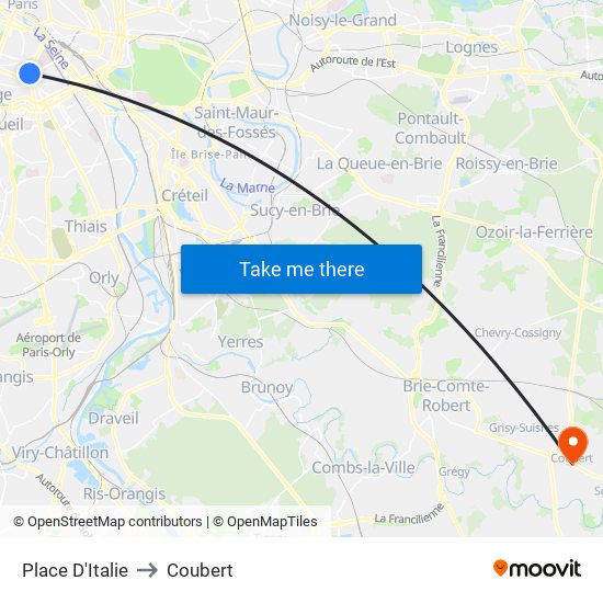 Place D'Italie to Coubert map