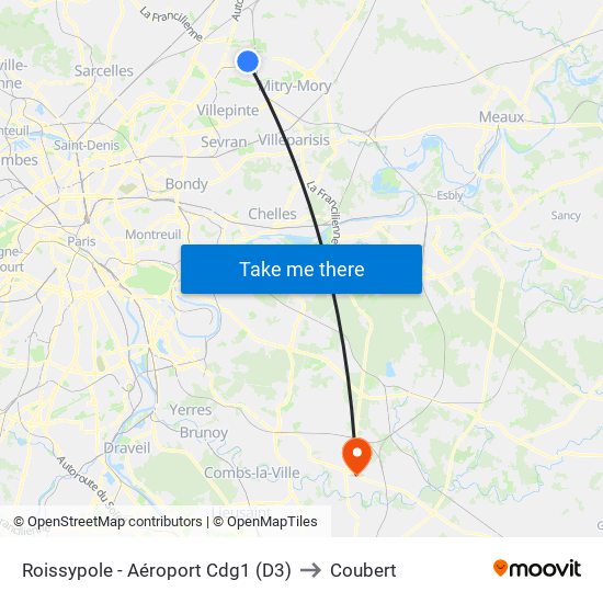 Roissypole - Aéroport Cdg1 (D3) to Coubert map