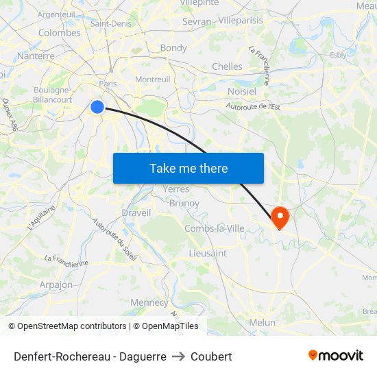 Denfert-Rochereau - Daguerre to Coubert map