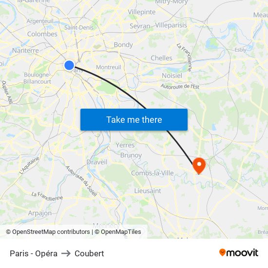 Paris - Opéra to Coubert map