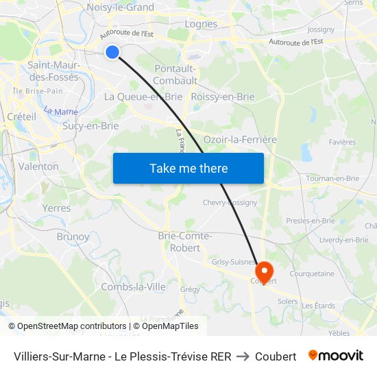 Villiers-Sur-Marne - Le Plessis-Trévise RER to Coubert map