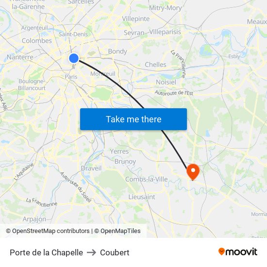 Porte de la Chapelle to Coubert map