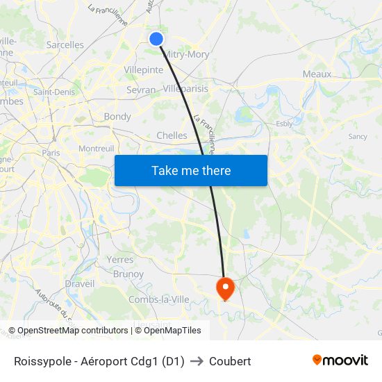 Roissypole - Aéroport Cdg1 (D1) to Coubert map