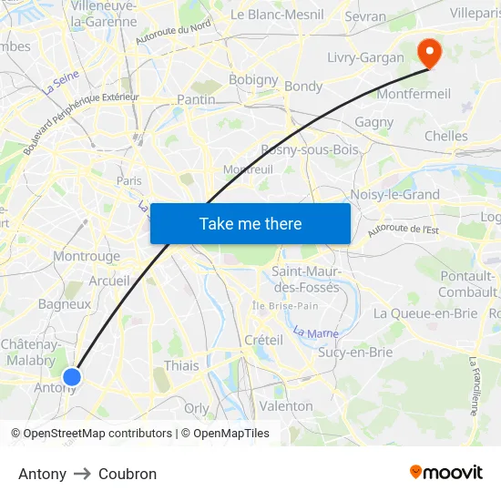 Antony to Coubron map