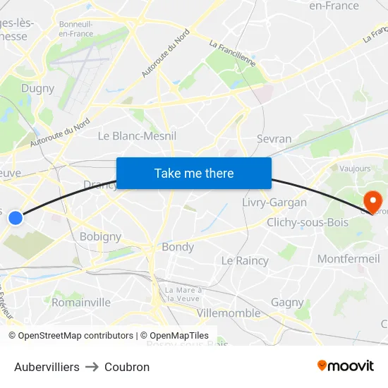 Aubervilliers to Coubron map